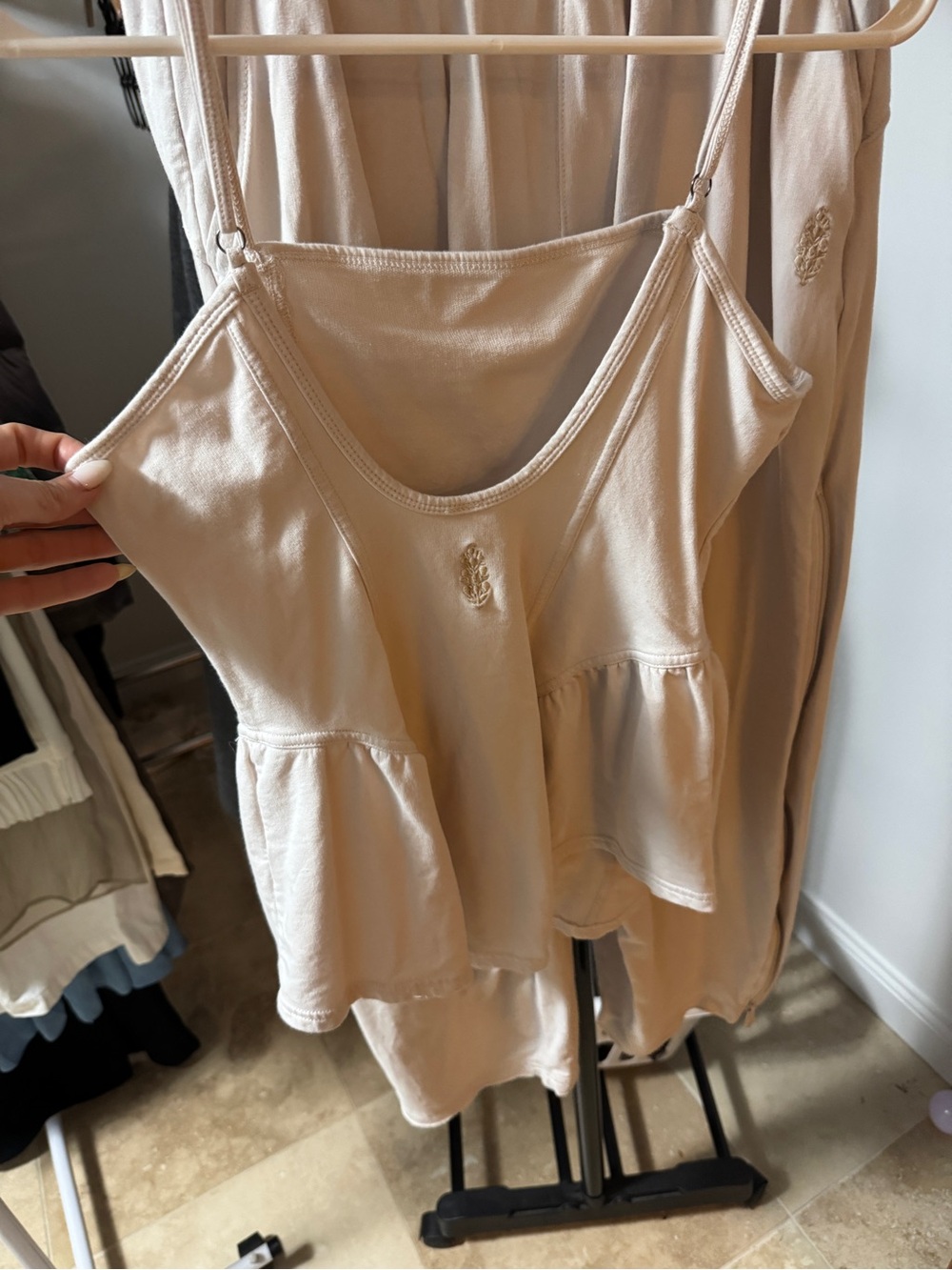 FP Movement Women's Tofu Cream Spaghetti Strap Peplum Tank Top Barrel Pant Set